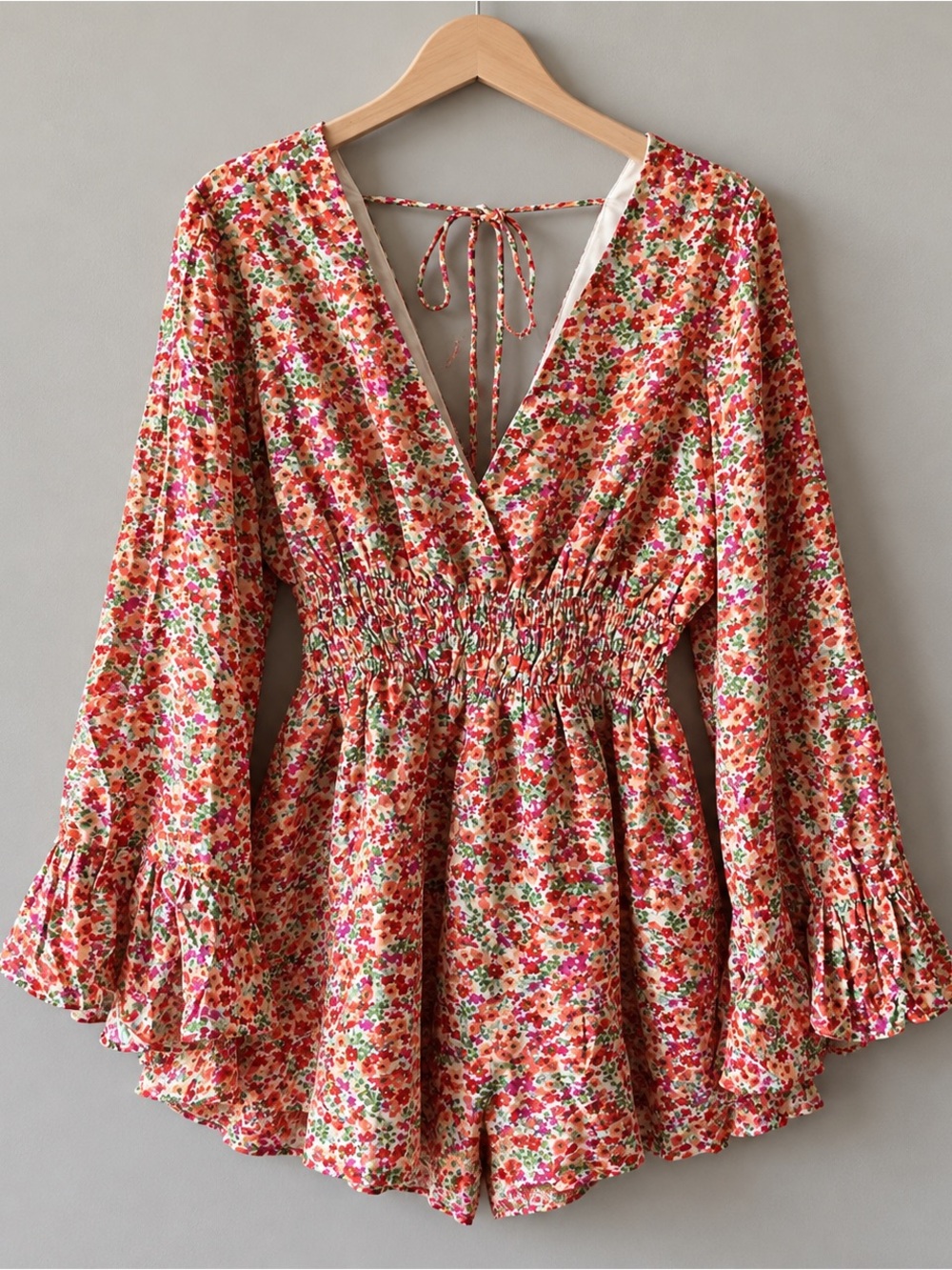 Floral Romper Long Sleeve Smocked Waist Playsuit Coastal Cottagecore NWT S #1268